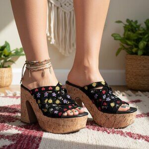 Free People Lisbon Clogs Womens 40 Chunky Cork Platform Suede Floral Embroidery
